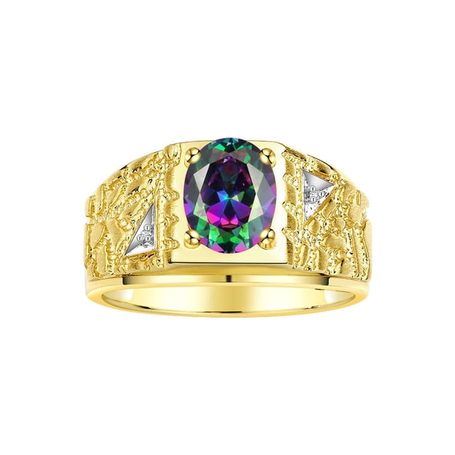 RYLOS Men's Rings Yellow Gold Plated Silver Designer Nugget Ring Oval 9X7MM Gemstone & Diamonds Alexandrite Birthstone Rings For Man Size 8