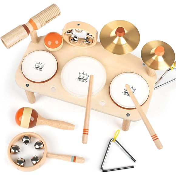 Kids Drum Set - Montessori Toys for 2 Year Old Boy Girl Birthday Gifts, 11 in 1 Wooden Musical Instruments for Toddlers 2-3, Musical Activity Table Presch