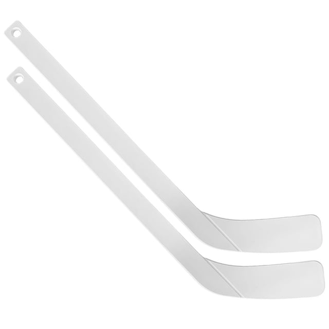 PRISP Plastic Mini Hockey Stick - 18 Inch Knee Hockey Stick shown in a pair with an all-white design. Each stick features a straight blade and measures 18 inches from toe blade to stick end. Made of durable injection-molded plastic, ideal for indoor or outdoor use on various surfaces like carpet or hardwood floors. Suitable as a sports gift, party favor, or for family gatherings.