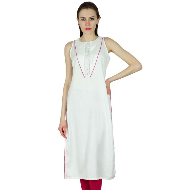 Bimba Tunique Longue Blanche pour Femmes, Kurta Kurti Ethnique Indienne Sans Manches, Blouse Bohème Chic