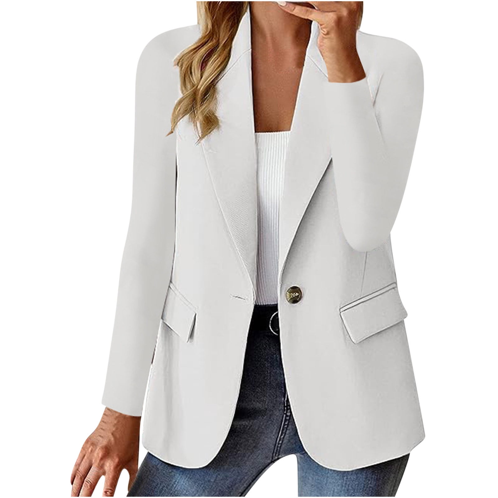 Grrvtrz Womens One Button Blazer Lightweight Office Work Suit Jacket Stretch Lapel Collar Long Sleeve Jacket with Pockets