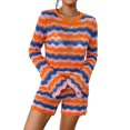 thumbnail image 1 of FOCUSNORM Women 2 Pieces Fall Shorts Outfits Stripe Patchwork Crew Neck Long Sleeve Sweater Knit Tops Shorts Clothes Set, 1 of 8