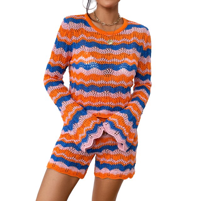 FOCUSNORM Women 2 Pieces Fall Shorts Outfits Stripe Patchwork Crew Neck Long Sleeve Sweater Knit Tops Shorts Clothes Set