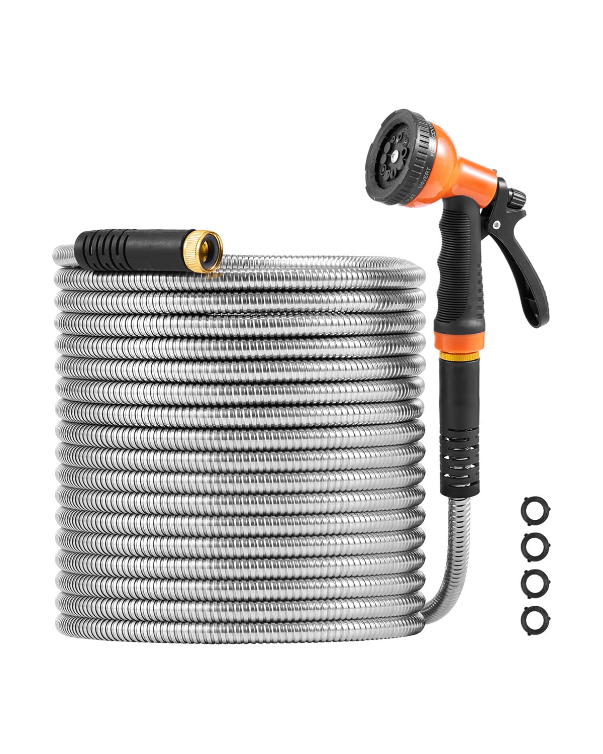 KFFKFF Metal Garden Hose 100 ft, Rust Proof Stainless Steel Water Hose, Heavy Duty Backyard Hose with 10 Function Nozzle, No-Kink & Flexible Water Pipe
