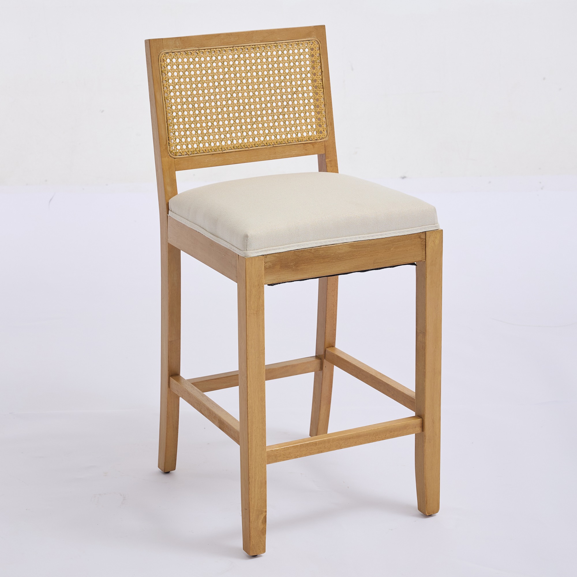 Noble House Full Solid Wood Rattan-Back Bar Stool Set of 2,Matte Linen Cushion with High-Resilience Foam & S-Springs,Beige