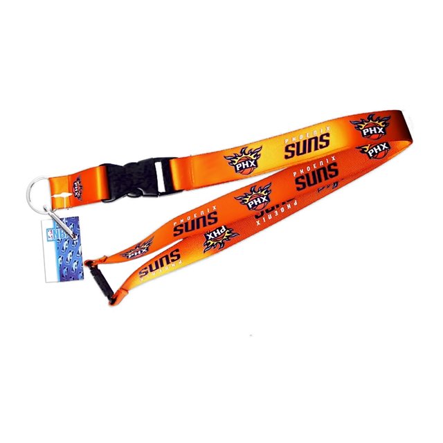 NBA Phoenix Suns Clip Lanyard Keychain ID Ticket Holder in orange, featuring the Phoenix Suns logo and raised lettering on a 23-inch long, 1-inch wide extra-thick nylon band. Includes a metal detachable clip and plastic components, without velcro or a safety clip. Officially licensed product.