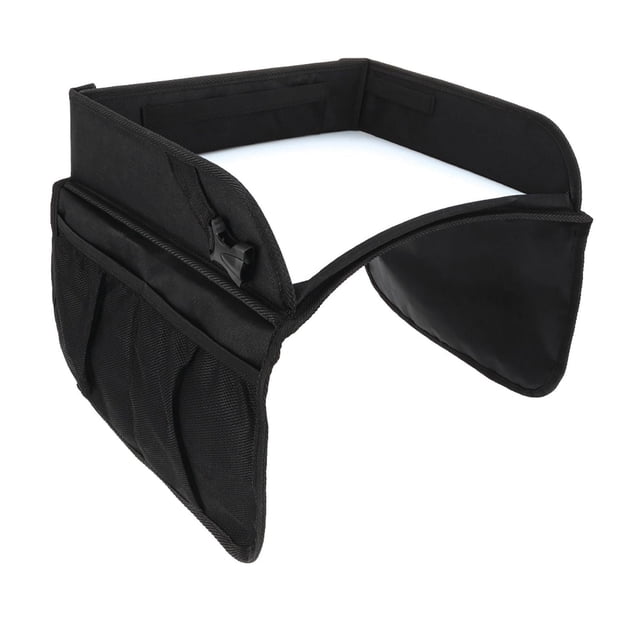 Nûby™ Travel Activity Tray in black and white, a travel-friendly car seat accessory with raised sides and multiple storage pockets for toys and snacks, featuring an adjustable strap and elastic cup band to keep drinks secure, made of 100% polyester with a dry erase top for drawing or snacking during family road trips.