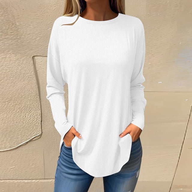 Fiogavroetic Chemisiers d'Automne pour Femmes à Col Rond, Couleur Unie, Mode, Smockés, Manches Longues, Hauts