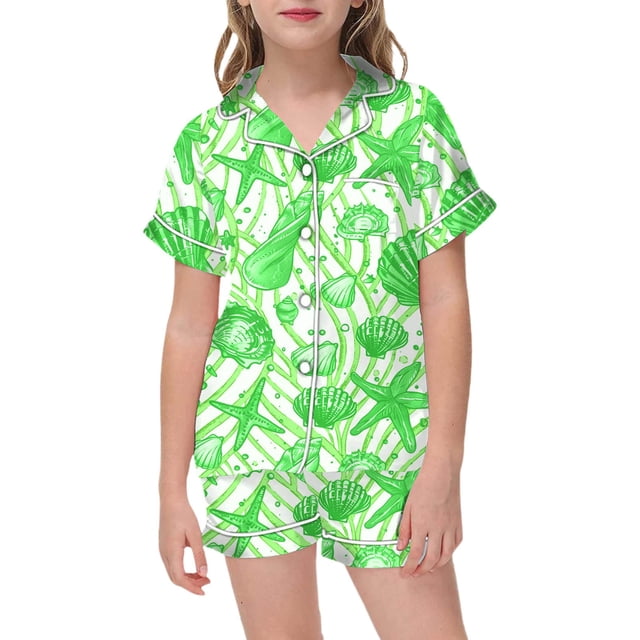 MIASHUI Pyjama pour Filles Ensemble Deux Pièces Imprimé Graphique Garçons Chemise de Nuit à Manches Courtes, Vert, 2-3 Ans