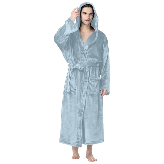 SHTXOZHI Men's Flannel Robe Warm Fleece HoodedSpa Bathrobe Winter Soft Robes with Pockets