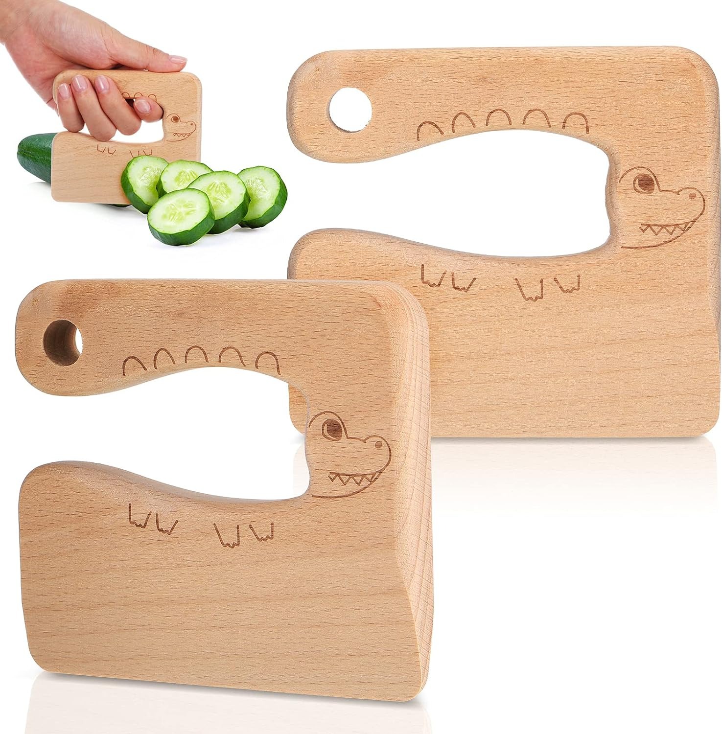 2 Pieces Wooden Kids Knife for Cooking, Cute Fish Dinosaur Shape Kitchen Toy Chopper Vegetable and Fruit Cutter, Kitchen Tool Toys Wooden Knife Sets