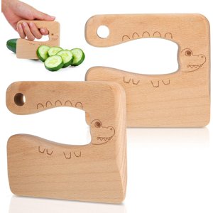 2 Pieces Wooden Kids Knife for Cooking, Cute Fish Dinosaur Shape Kitchen Toy Chopper Vegetable and Fruit Cutter, Kitchen Tool Toys Wooden Knife Sets