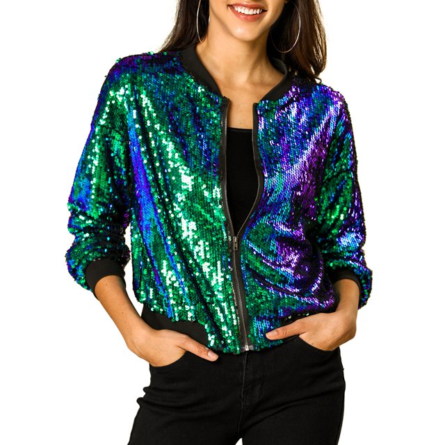 Unique Bargains Blouson Bomber à Paillettes Scintillantes d'Halloween pour Femme à Manches Longues avec Fermeture Éclair Grand Vert