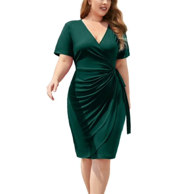Robe Grande Taille pour Femmes Portefeuille à Col en V Ajustée à Taille Nouée Robe Midi Formelle à Manches Courtes Froncée Robe de Cocktail de Travail