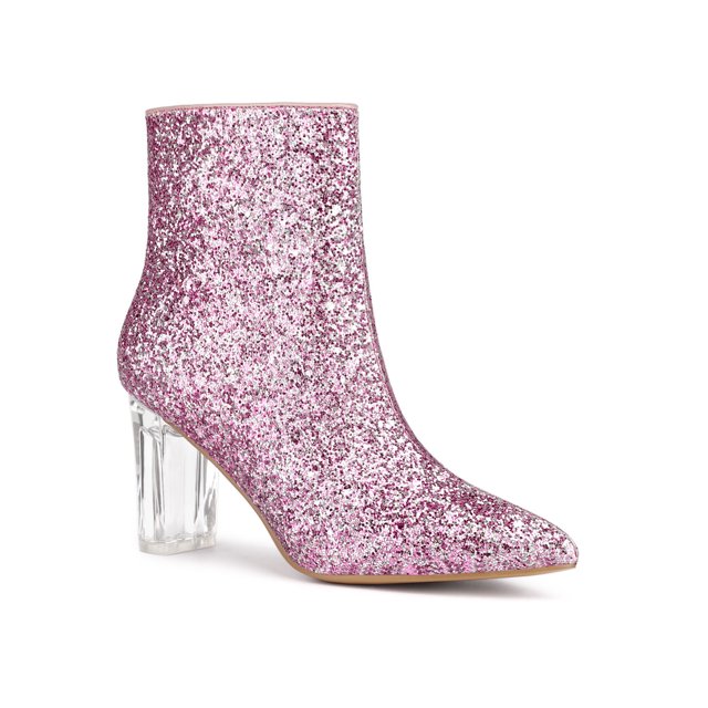 Unique Bargains Women's Clear Block Heel Glitter Ankle Booties