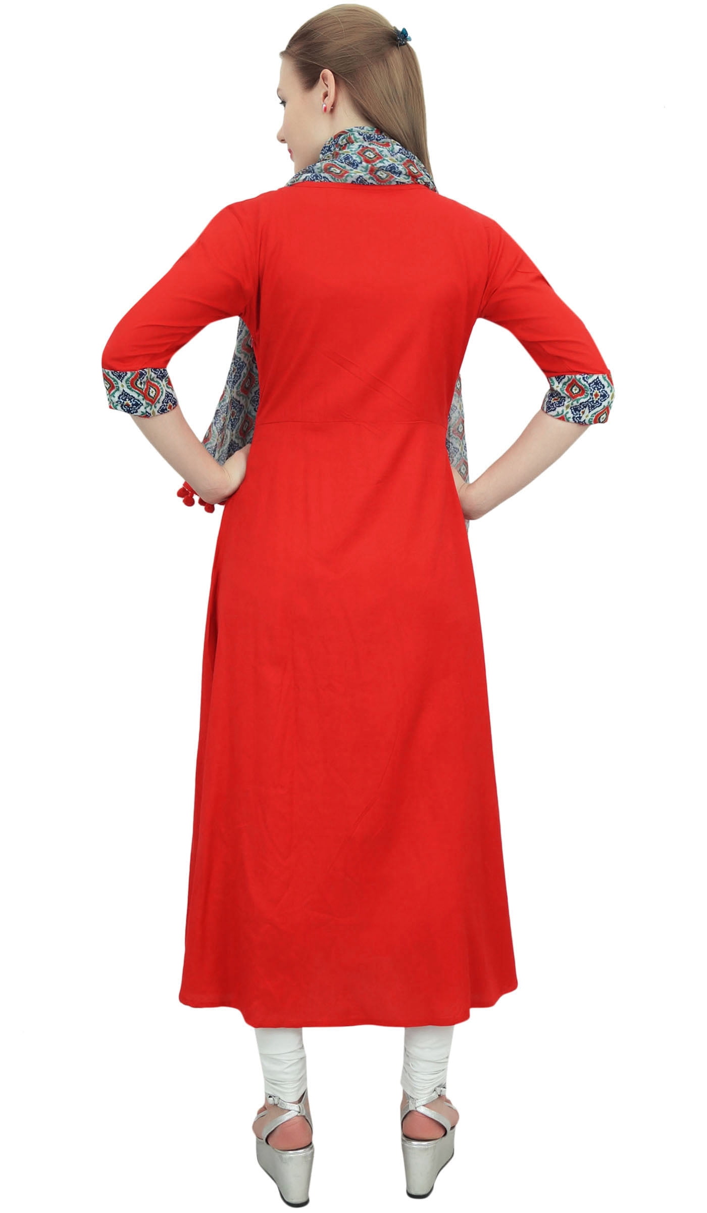 Bimba Indian Women Rayon Designer Red A-Line Kurta Ethnic Kurti With Scarf - 6