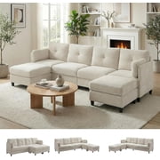 Puremind U Shaped Sectional Sofa, Corduroy Modular Sectional Couch with 2 Movable Ottomans for Living Room/Apartment, Beige
