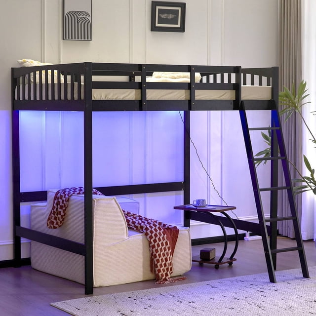 Ktaxon Loft Bed Full Sikce with USB Charging Station/LED, Solid Wood Bunk Bed Frame with Flat Rungs, Black