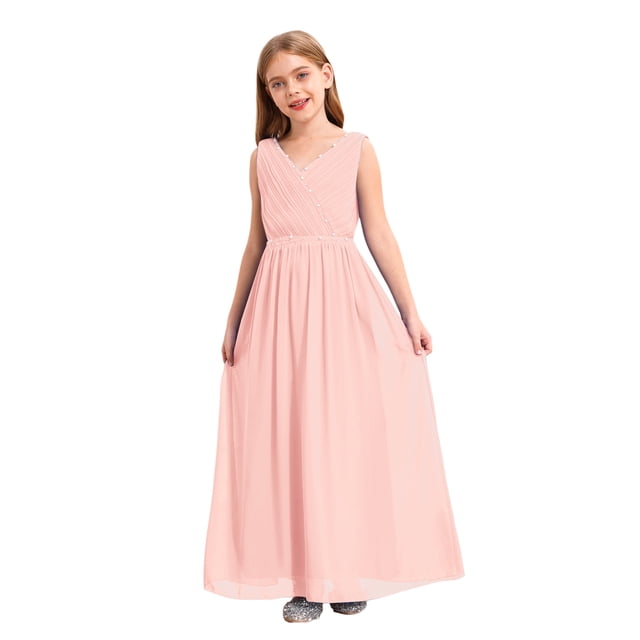 Yartina Robe Plissée en Mousseline pour Fille Demoiselle d'Honneur Junior Fille Fleur Sans Manches Perlée Danse Fête Bal Robe de Bal Rose 12