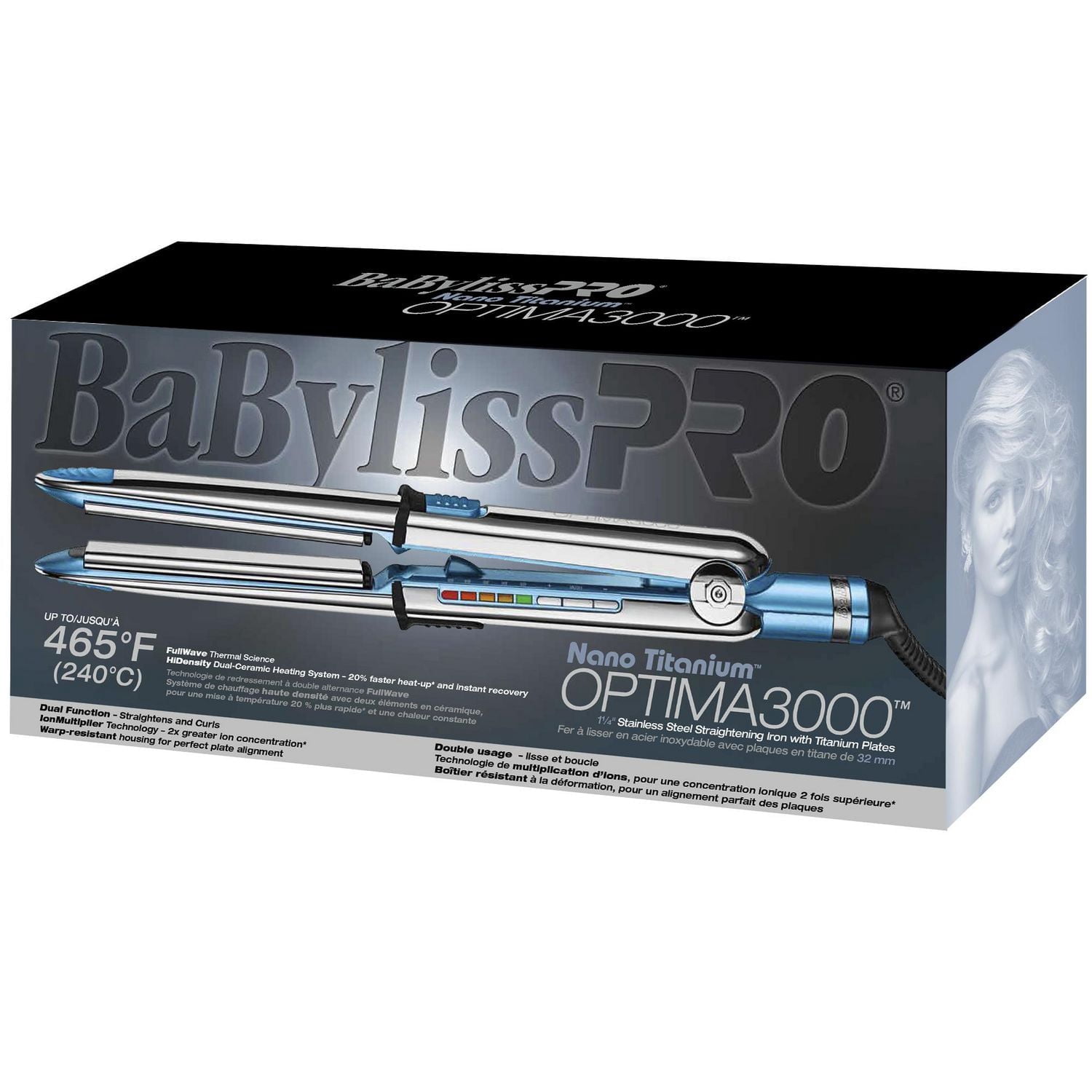 Fer plat professionnel BabylissPRO Optima3000, plaques titane 1¼ po, acier inoxydable, argent/bleu, 1 pièce