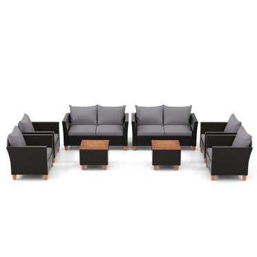 Gymax 8 PCS Wicker Patio Furniture Set w/ Removable Cushions Storage Coffee Table Gray