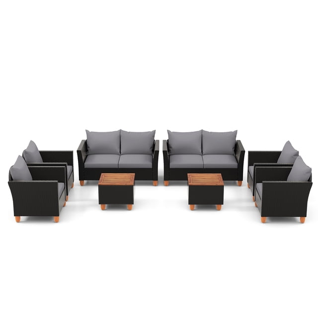 Gymax 8 PCS Wicker Patio Furniture Set w/ Removable Cushions Storage Coffee Table Gray