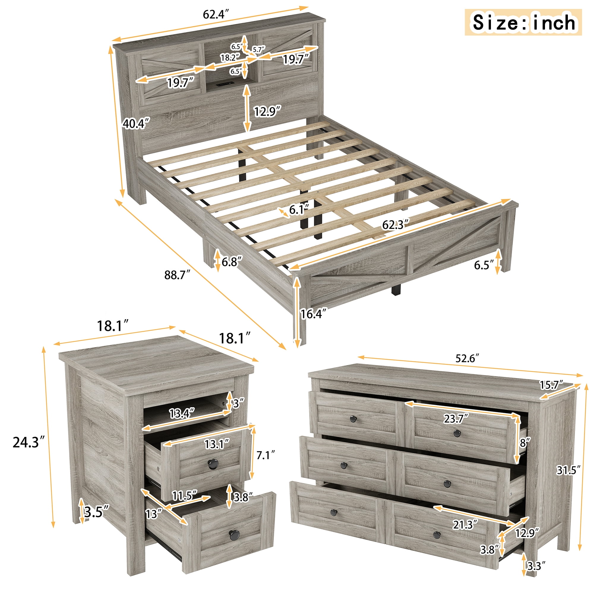 Ensemble de chambre 3 pièces Noble House : lit plateforme de style ferme, grand lit, gris antique