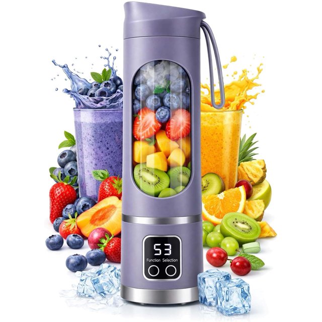 Portable 16oz Wireless Juicer, Portable Blender Personal Electric-Digital Multimode Smart LED Display, 3 Speed12-Blade Fresh Juice Bottle, USB Rechargeable for Shakes and Fruit Juice (Purple)
