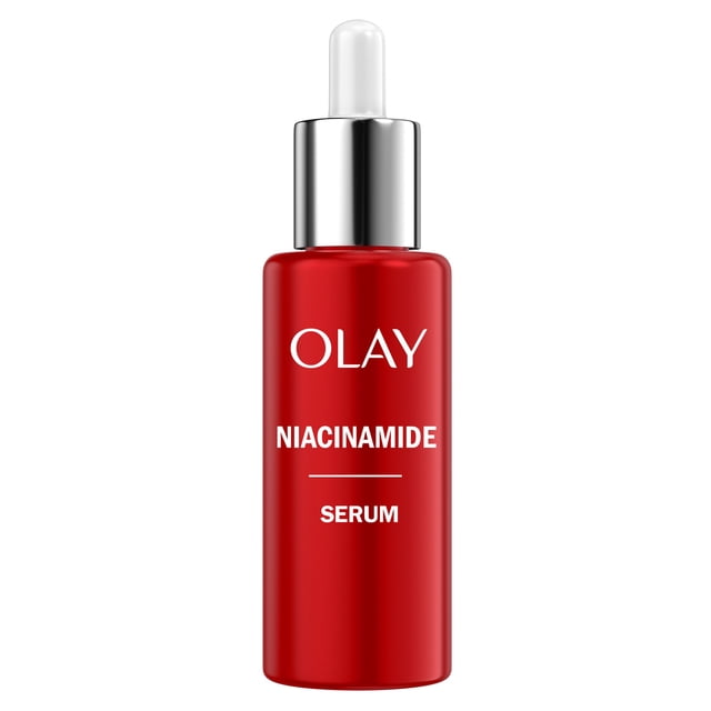 Olay Niacinamide + Peptide 24 Anti-Wrinkle Serum in a red bottle with silver dropper cap and white text, a fragrance-free facial serum that hydrates and strengthens the skin’s moisture barrier to reduce wrinkles and improve firmness.