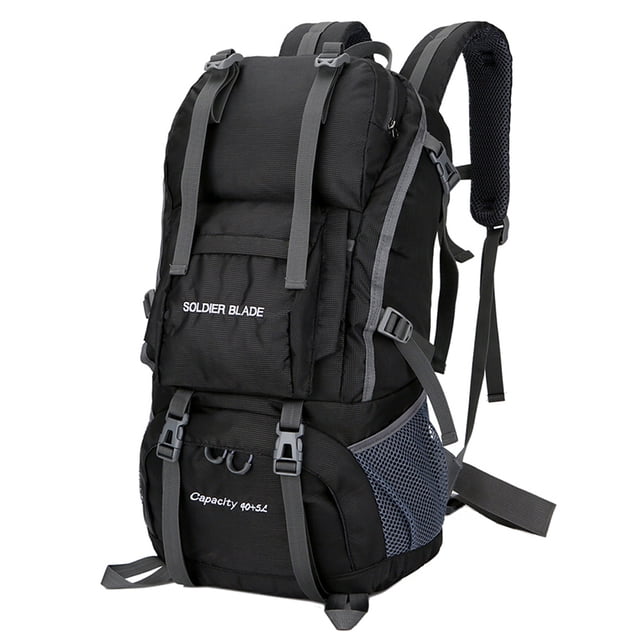 Amdohai Sac à Dos de Camping et de Randonnée 45 L Noir, Doté d'Un design Grande Capacité avec Multiples Compartiments pour un Rangement Organisé. Fabriqué en nylon durable et Résistant à l'Eau, Comprend des Bretelles Ajustables, des Fermetures Éclair Doubles Lisses et une Maille de Coton Respirante pour le Confort. le Sac à Dos Comprend Plusieurs Ensembles Suspendus pour Fixer des Articles Supplémentaires et Mesure 30x18x50 cm, Pesant 750 g.