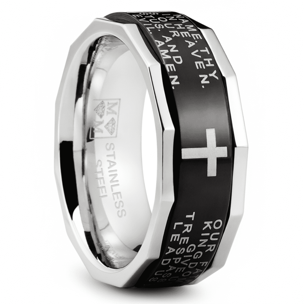 Men's Lords Prayer Stainless Steel Ring Christian Cross Bible Two-Tone