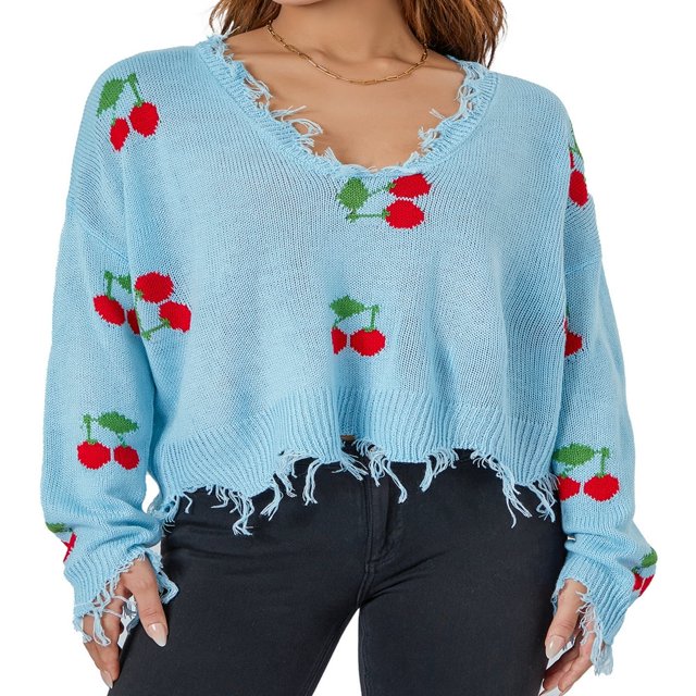 Pull Tricoté pour Femmes Manches Longues Col en V Cerise/carreaux à Franges
