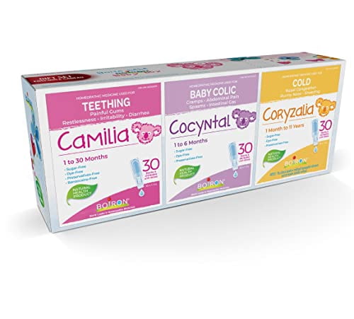 Boiron Baby Gift Set – Teething, Colic & Cold Relief | Camilia (Teething), Cocyntal (Colic), Coryzalia (Cold) – 30 Doses Each