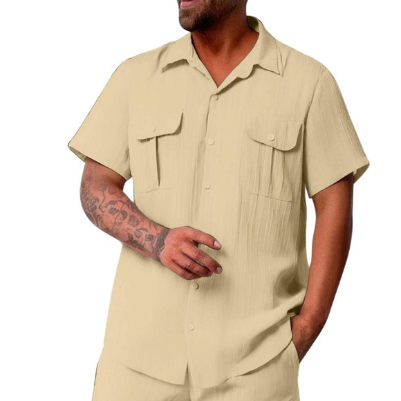 ZMFXJPE Mens Cargo Shirts Summer Short Sleeve Button Up Western Work Dress Shirt Casual Lightweight Beach Shirt with Pocket (Khaki,3XL)