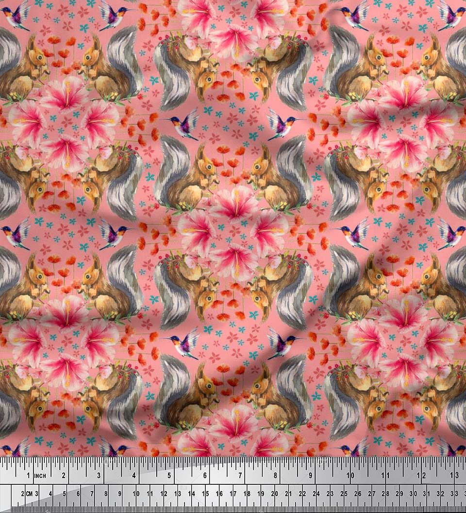 Soimoi Rayon Fabric Floral,Hummingbird & Squirrel Animal Print Sewing Fabric Yard 42 Inch Wide