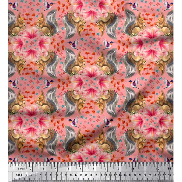 Soimoi Rayon Crepe Fabric Floral,Hummingbird & Squirrel Animal Printed Fabric 1 Yard 46 Inch Wide