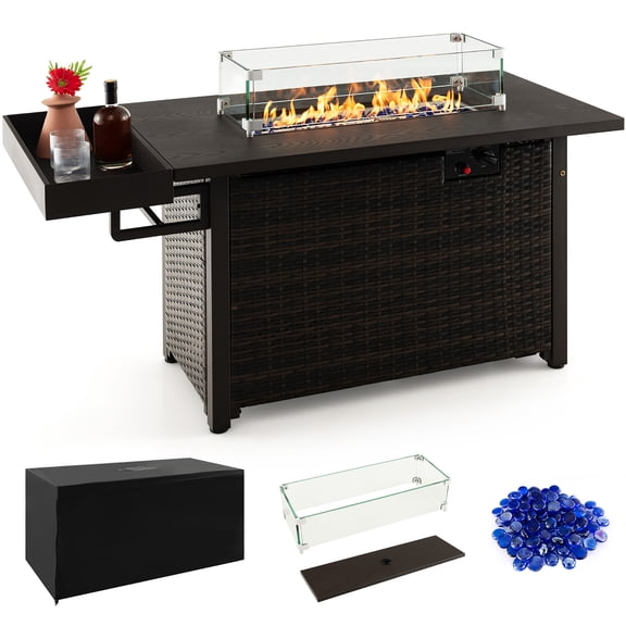 Gymax Table de Foyer au Propane de 52 Pouces avec Pare-Vent, Puissance Calorifique de 50 000 BTU, Marron