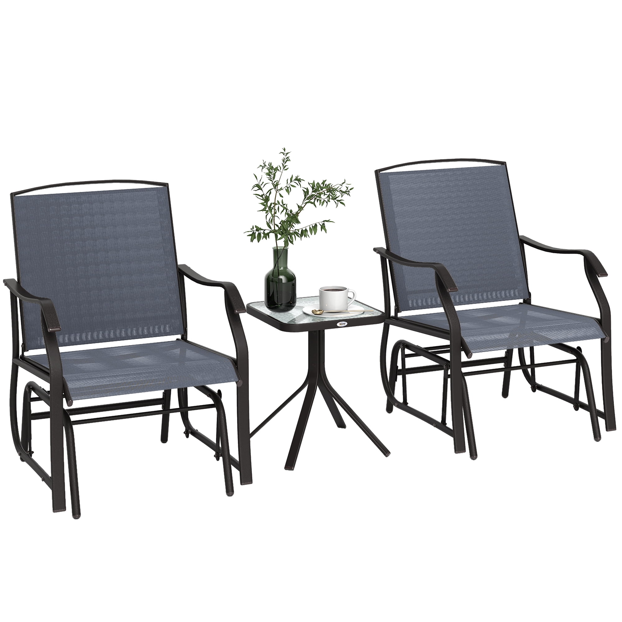 Outsunny 3 Piece Patio Rocking Chair Set Outdoor Glider Set w/ Glass Table
