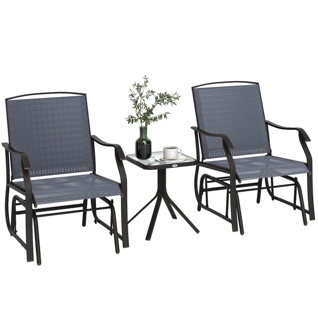 Outsunny 3 Piece Patio Rocking Chair Set featuring two grey glider chairs with breathable mesh fabric and curved armrests, paired with a square tempered glass-top table. The set has a powder-coated steel frame for durability and is ideal for outdoor spaces like patios, balconies, and gardens.