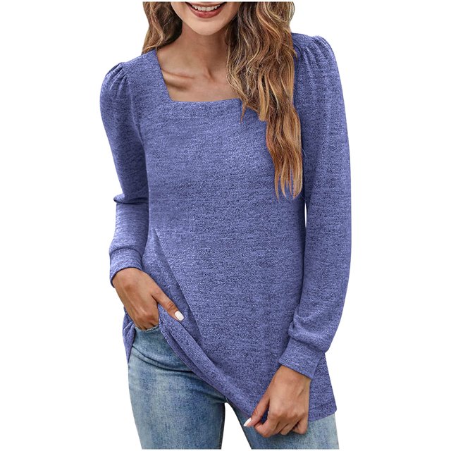 Plebaso Womens Square Neck Tunic Tops Pleated Long Sleeve Casual Shirts Solid Color Comfortable Blouses