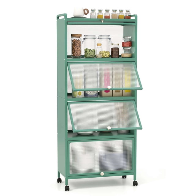 Costway Étagère de Cuisine à 5 Niveaux Armoire de Rangement Mobile pour Micro-Ondes Portes Relevables Vert