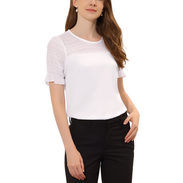 INSPIRE CHIC Women's Round Neck Lace Keyhole Back Puff Short Sleeve Tops M White