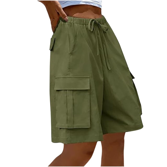 Timegard Cargo Shorts for Women Elastic High Waisted Drawstring Athletic Walking Shorts with Multi-pockets