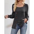 thumbnail image 2 of SUNSIOM Women Fashion Ribbed T-Shirts Solid Color Square Neck Buttons Puff Long Sleeve Shirts Spring Fall Casual Loose Fit Tops, 2 of 6