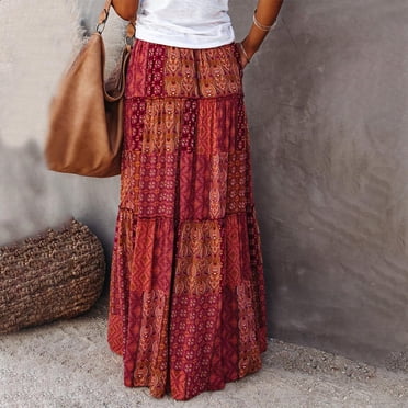 TIMIFIS Jupe Maxi Évasée à Taille Haute Élastique à Imprimé Floral Vintage Boho pour Femme, Plissée, Été, Décontractée, Vacances, Plage, Longue - Printemps/été