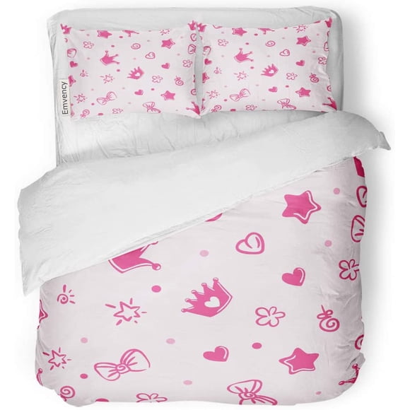 RYLABLUE 3 Piece Bedding Set Pink Crown Pattern Princess Girly Girl Heart Baby Cute Twin Size Duvet Cover with 2 Pillowcase for Home Bedding Room Decoration