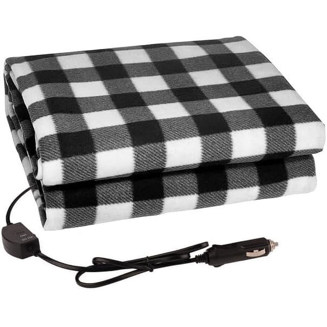HAHDAXIA Electric Car Blanket-12 Volt Heated Car Blanket with Temperature Controller, front-facing folded black-and-white fleece throw with inline thermostat controller and coiled 12V cigarette-lighter cord; polyester 145 x 100 cm (57 x 39 in) rectangular silhouette showing thin heated-wire texture and two-level heat control, displayed on a car seat for car, truck or RV use. Suitable as a compact travel pillow when folded.