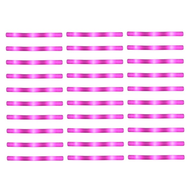 30x Light up Foam Sticks Party LED Glow Sticks in pink, arranged in rows. Made of durable foam sponge material, these sticks feature colorful LED lights with high brightness and long-lasting glow. Perfect as party favors for birthdays, carnivals, concerts, and other festive events.