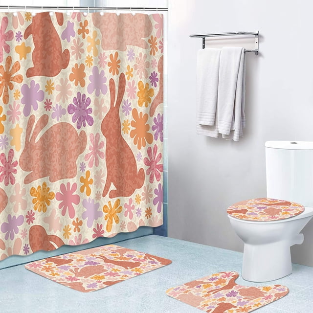 Crochets de Rideau de Douche, Crochets de Rideau de Douche, Rideau de Douche Lapin de Pâques Ensemble de 4 Pcs Rideau de Douche Ensemble de 4 Pcs avec 12 Crochets Polyester Imperméable Rideau de Séparation de Salle de Bain Tapis de Toilette, Ensemble de Rideau de Douche