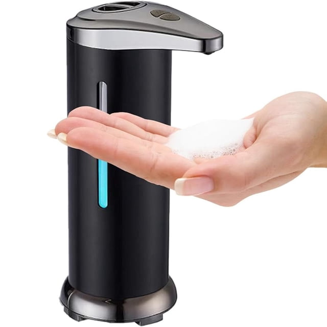 EGNMCR Automatic Soap Dispenser Touchless Soap Dispenser Hand Soap Dispenser, featuring a sleek black and stainless steel design. This countertop automatic liquid soap dispenser is battery-operated and offers touchless functionality for hygienic use. A hand is shown receiving foamy soap under the nozzle. Suitable for kitchens, bathrooms, or commercial spaces.